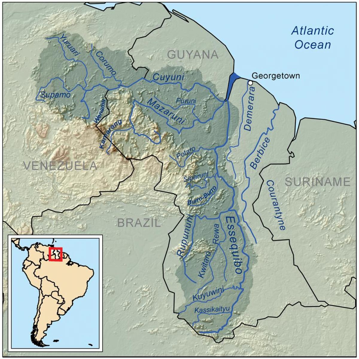 карта Гайана, показваща три основни реки
