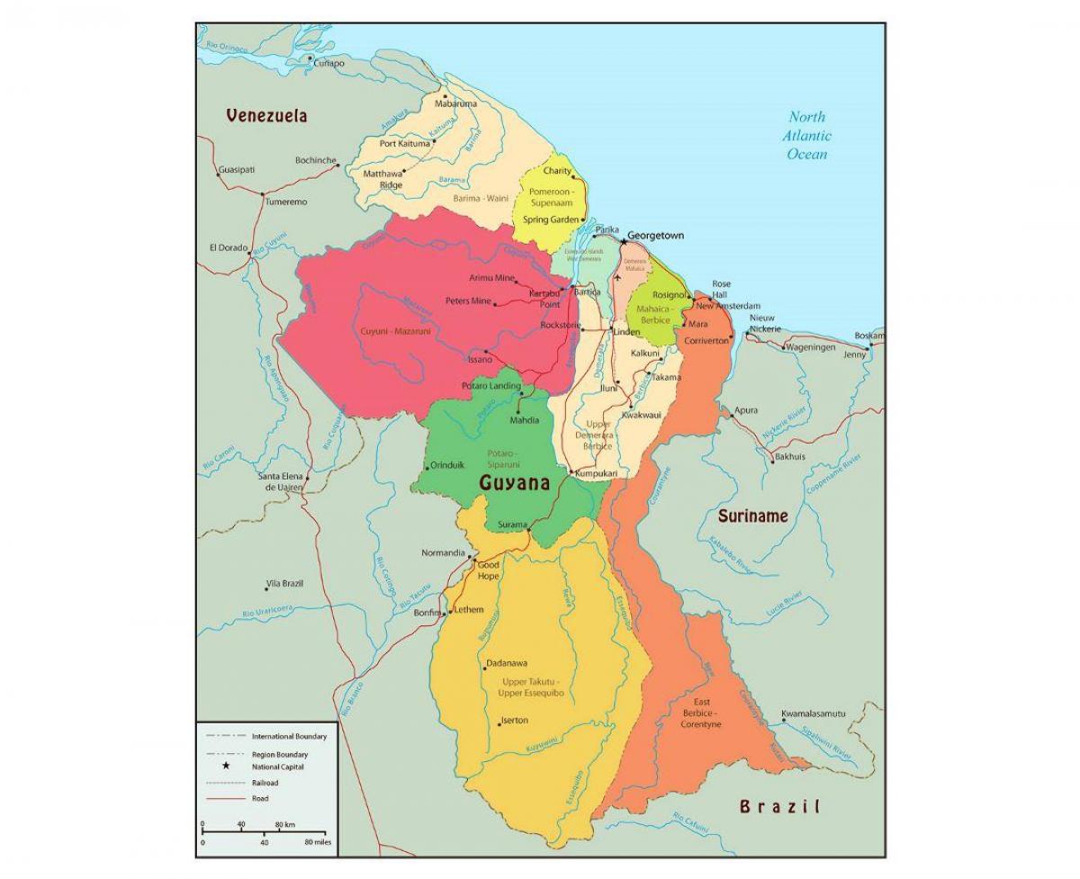 карта Гайана покажи на 10 административни района